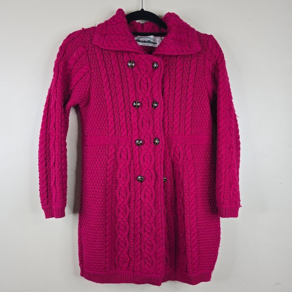 Aran craft Merino Wool Cable Knit Double-Breasted Cardigan Size 8-11 Yr